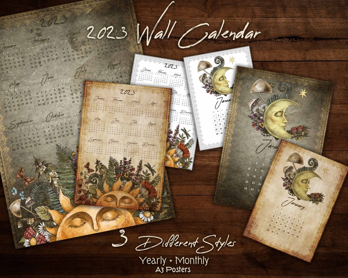 2023 Dark Aged Yearly and Monthly Wall Calendar - A2 Posters digital download
