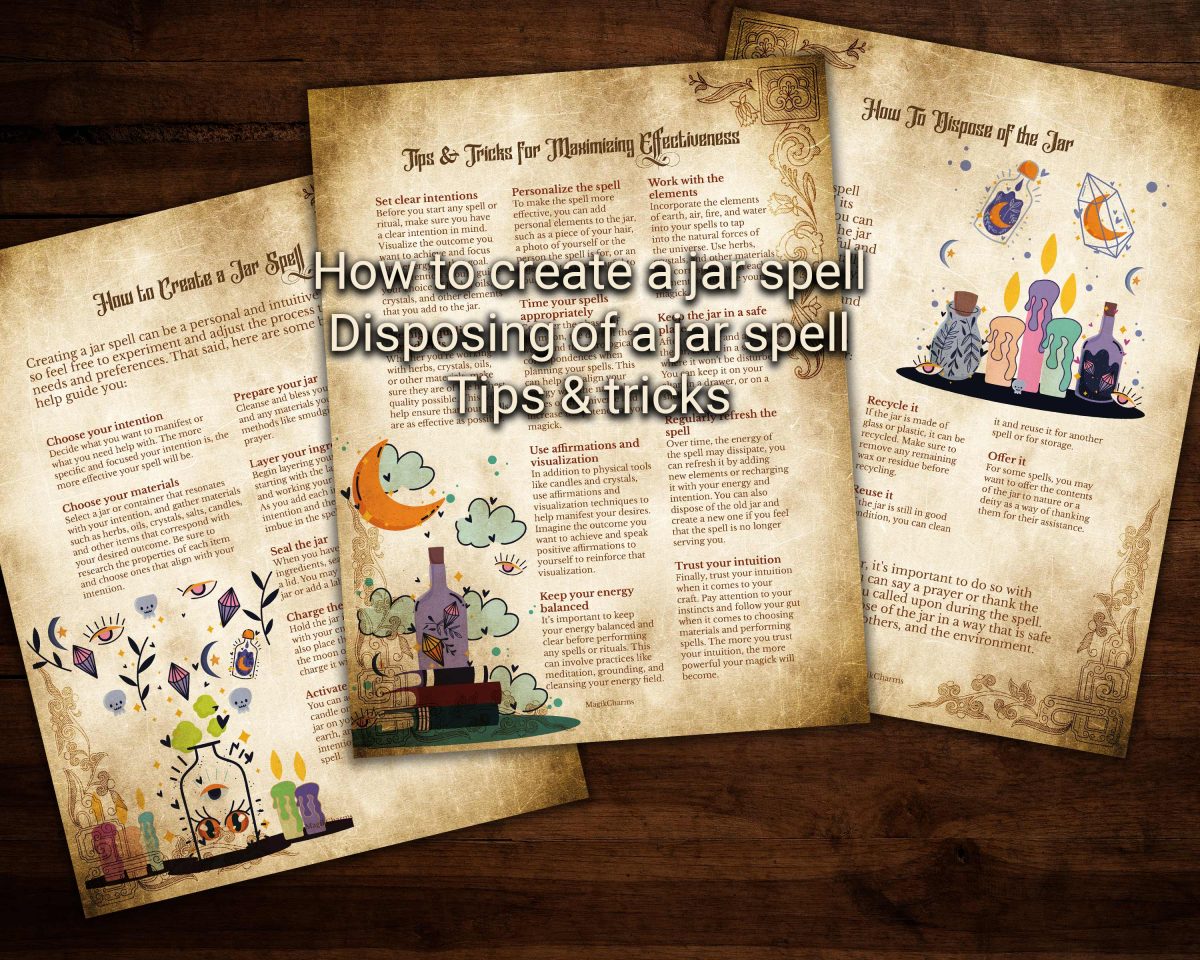 How to create a jar spell, how to dispose of the jar afterwards, plus tips and tricks to maximize you spells. Digital grimoire pages for your book of shadows.