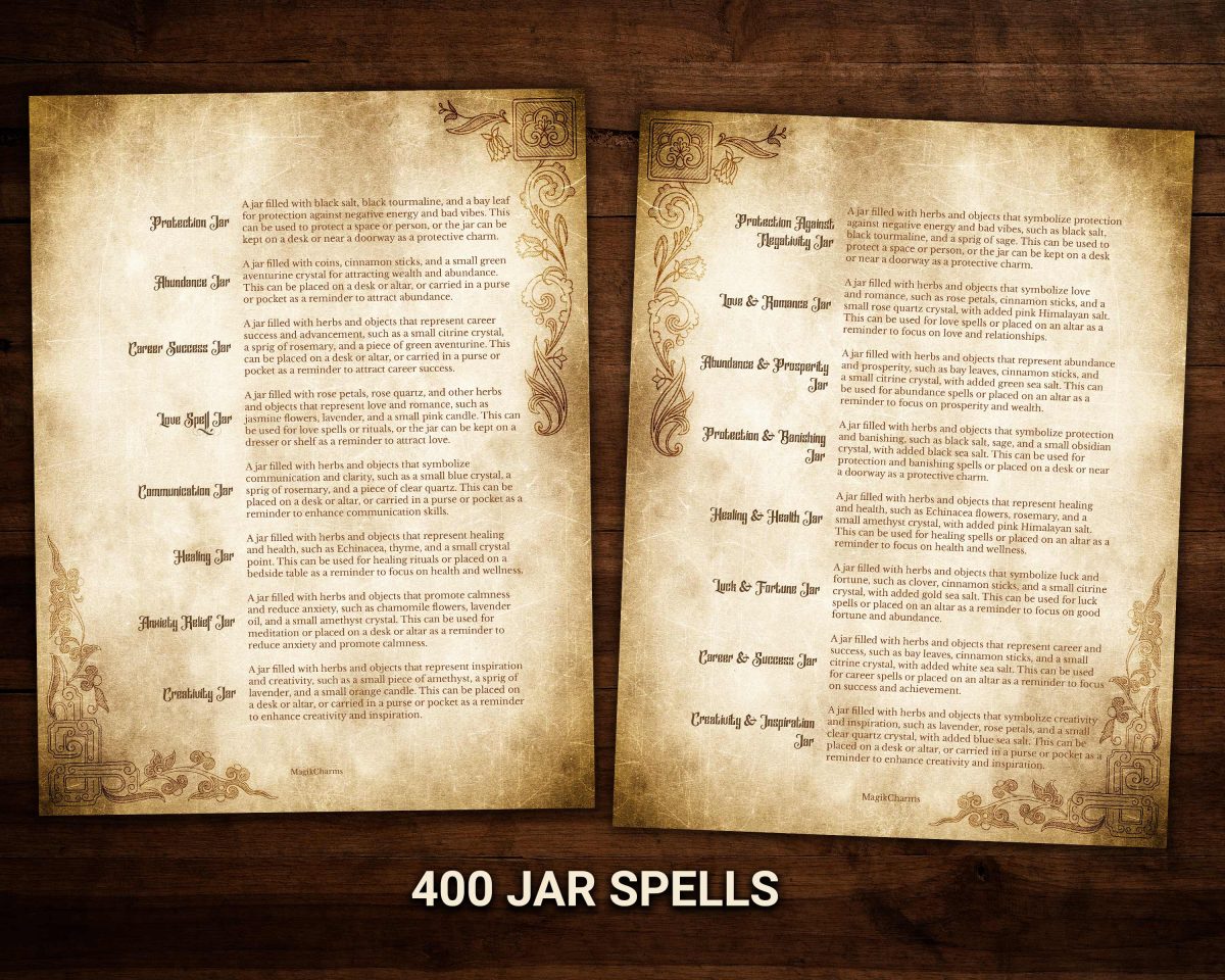 400 jar spell ideas for you to try with your daily witchcraft practice. Digital grimoire pages.