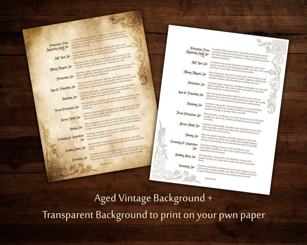 Mini witchcraft Jar spell book with 400 spells on an aged vintage background and on a transparent printer friendly background. High resolution witchy downloads.
