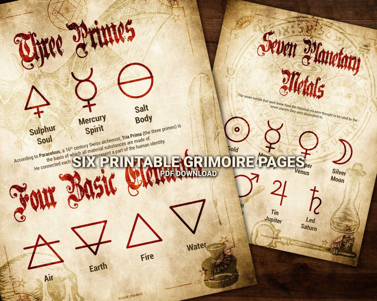 Occult Symbols for the three primes (Tria Prima), four basic elements, and the seven planetary metals in alchemy.