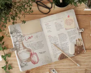 Alcohol and spirits esoteric associations in witchcraft mini spellbook with cake recipes and space to keep your notes.