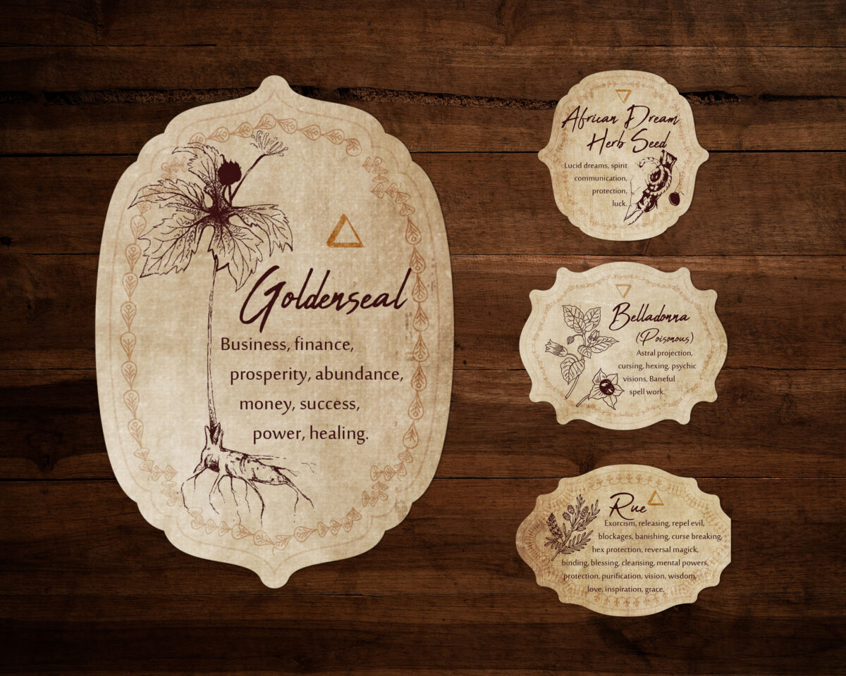Illustrated witchcraft apothecary labels with herbs metaphysical properties for magick spells and potions