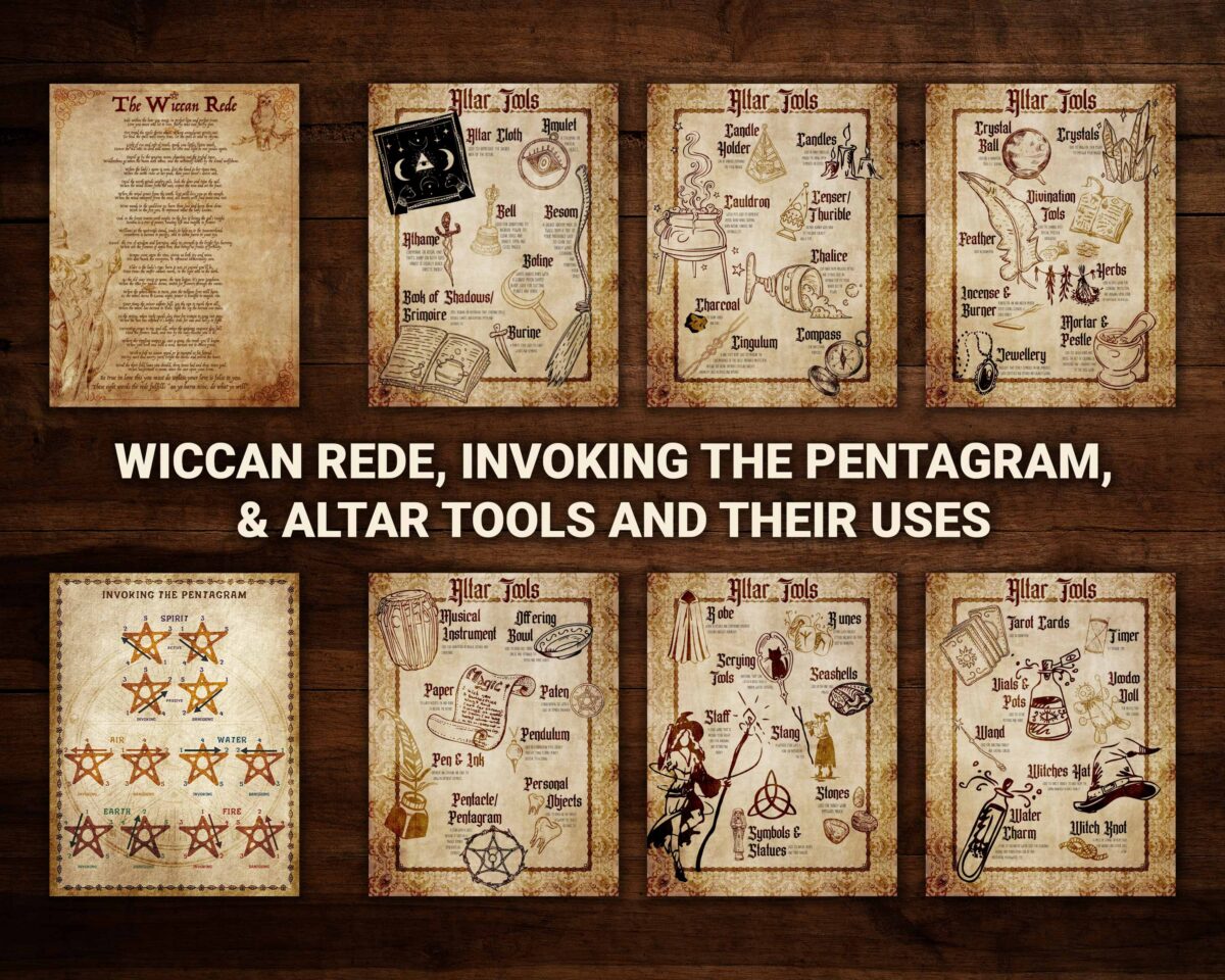 Digital grimoire pages for Wiccan rede, how to invoke and banish the elemental pentagrams, altar tools and their uses. Beginner Witchcraft Bundle