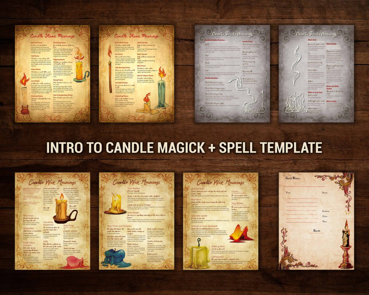 Introduction to candle magick. Understand what the flame, melted wax, and smoke are trying to tell you. Candle spell template included. Digital Witch shop bundle.