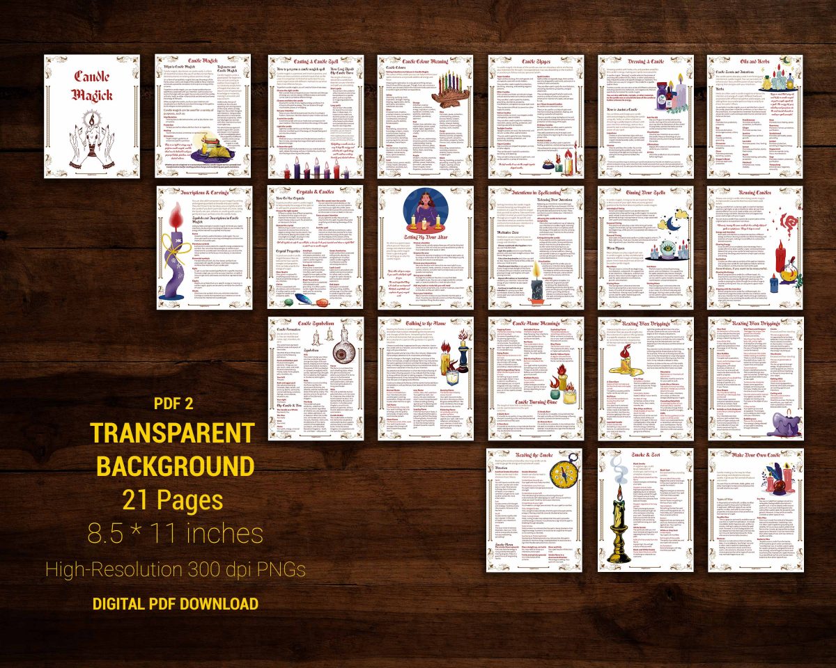 Candle magick divination pack an introduction to candle magick digital grimoire pages for your book of shadows PDF download high-resolution transparent PNG backgrounds for printing on your own paper.