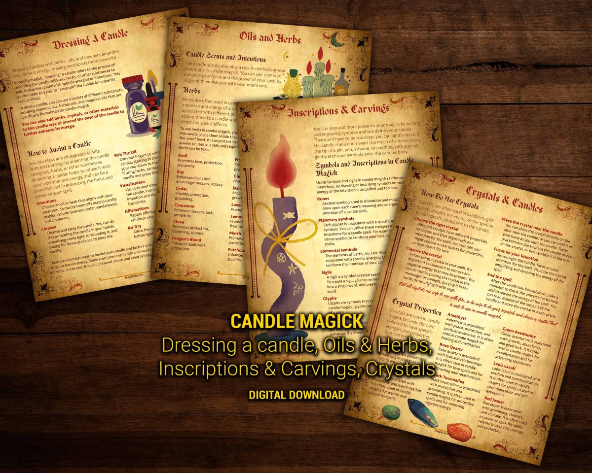 How to dress a candle in candle magick, which oils and herbs to use, which symbols to carve, and which crystals to use when casting a candle magick a spell.