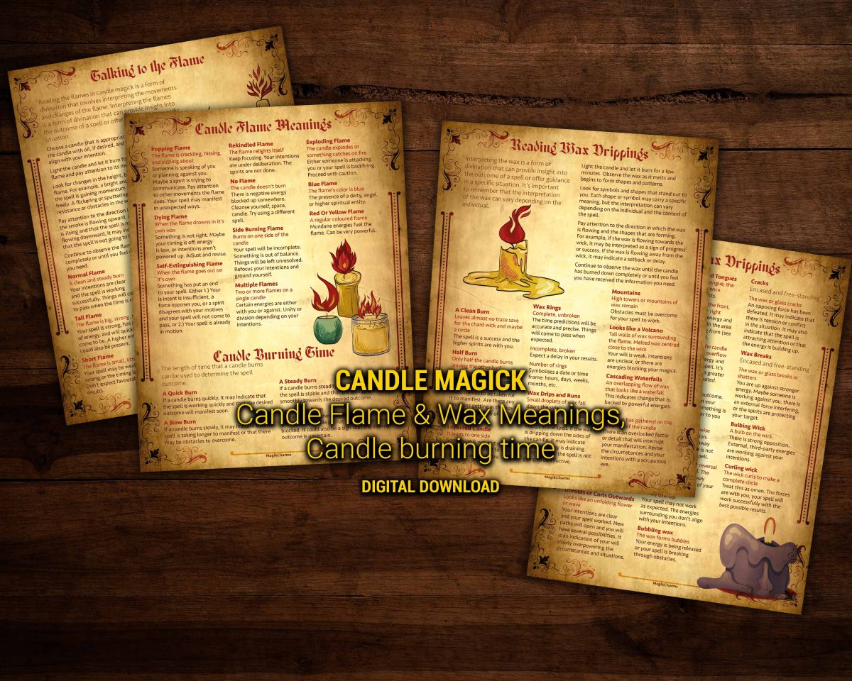 Candle flame and wax dripping meanings in candle magick plus candle burning times.