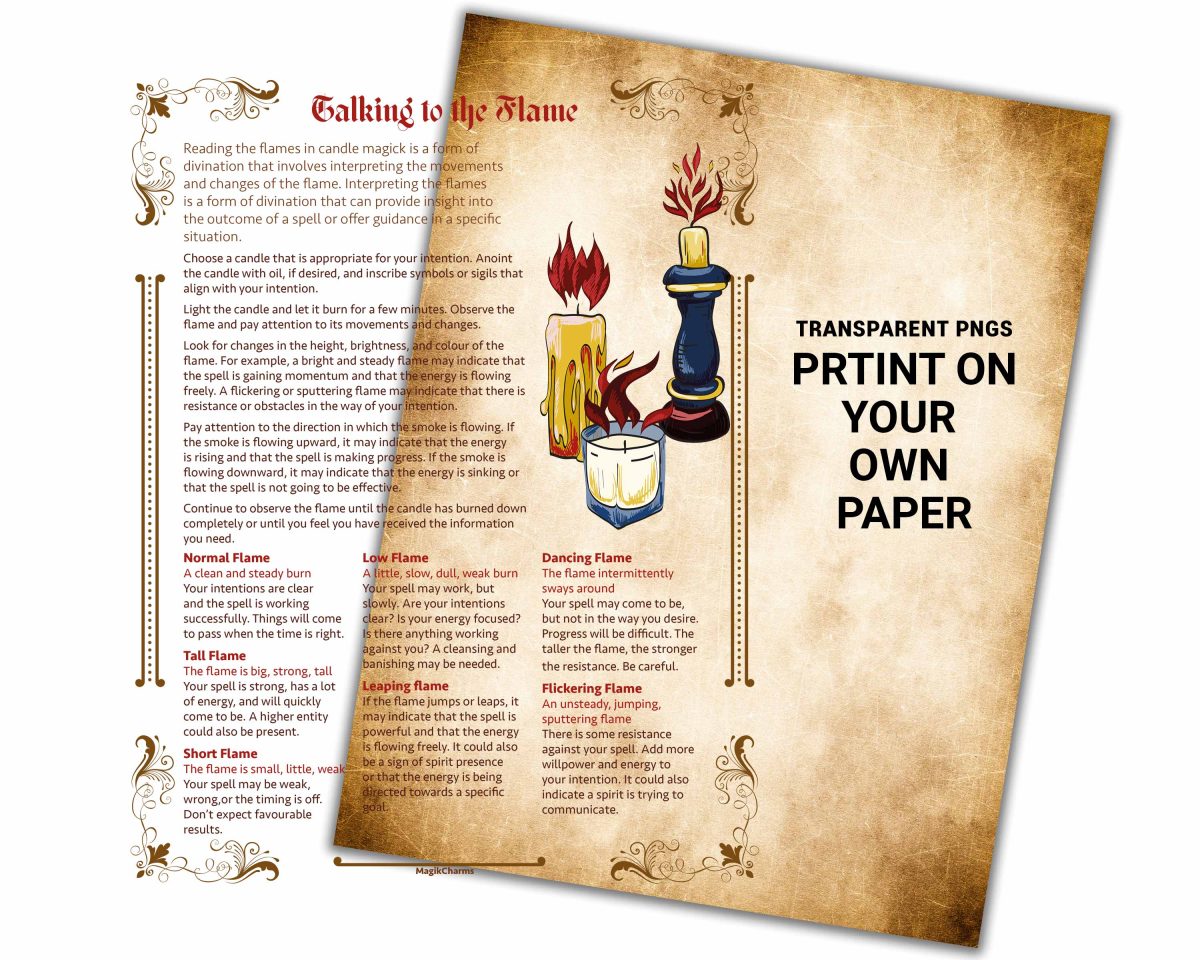 Candle magick divination pack printable grimoire pages PNGs on a transparent background so you can print on your own paper.