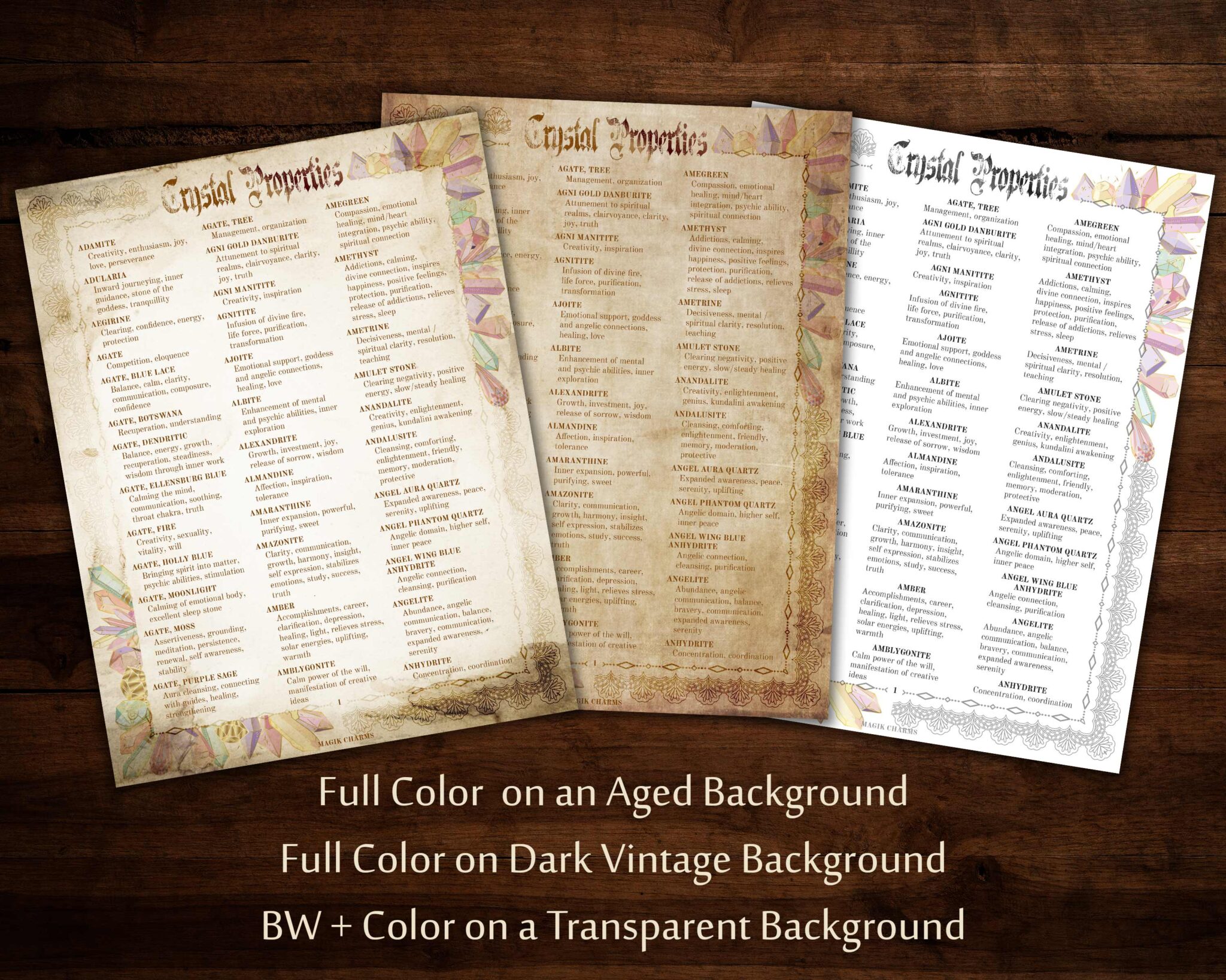 Printable crystal book of shadow pages in full color and black and white