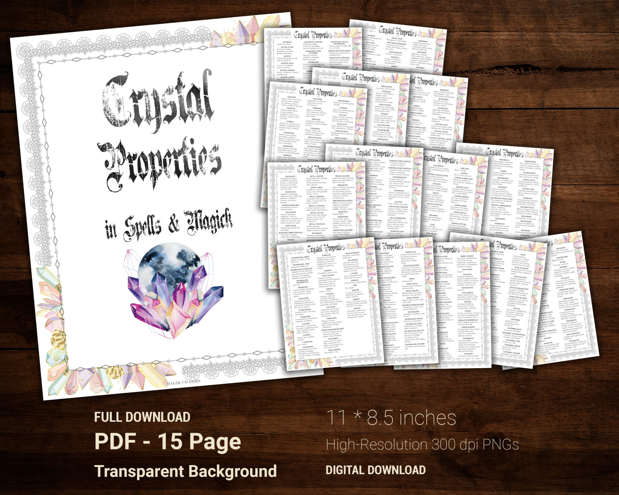 Crystal properties in spells and magick 15 BW printable grimoire pages