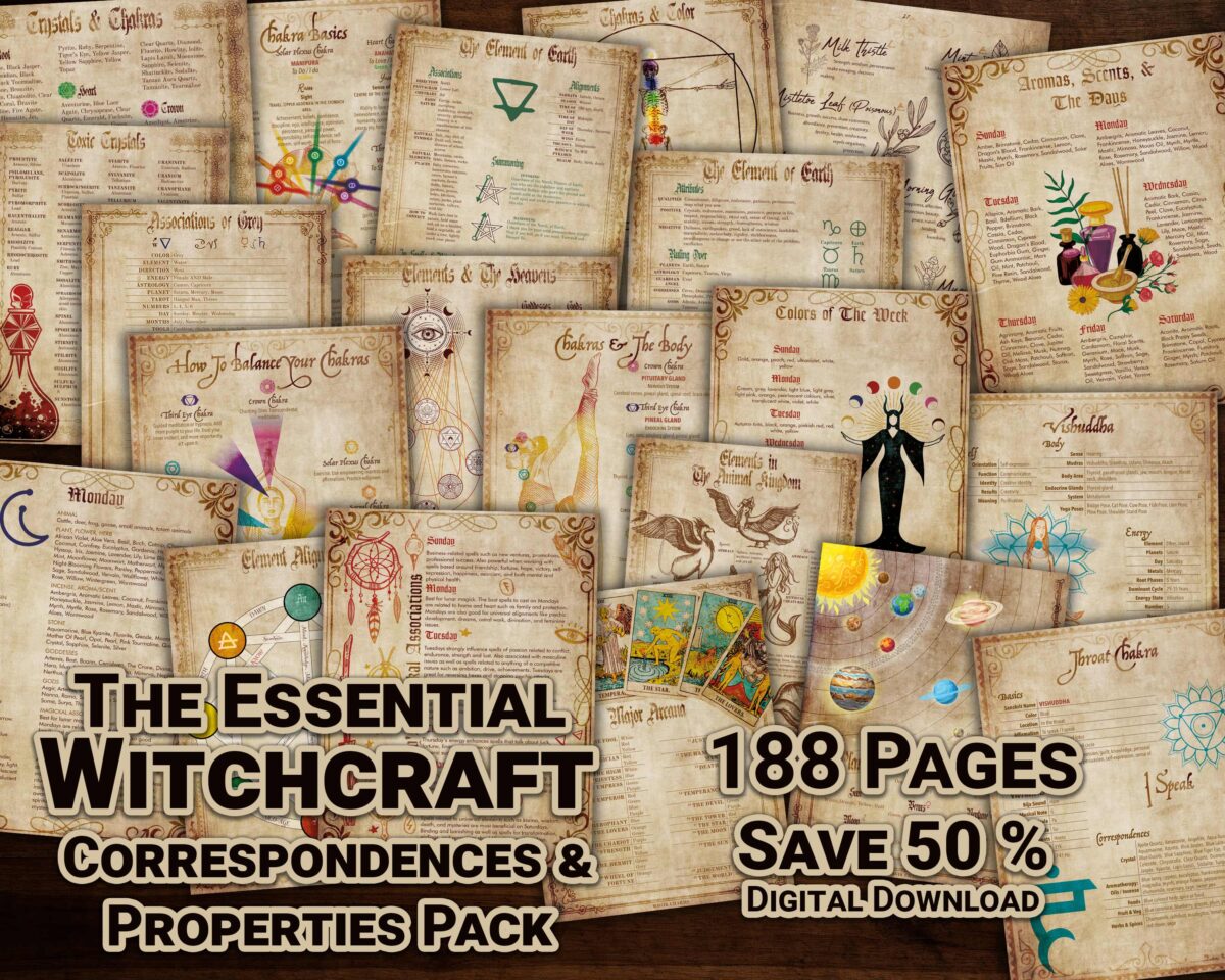 The Essential Witchcraft Correspondences and Properties Pack. 188 full color pages. 188 BW pages. Save 50 %