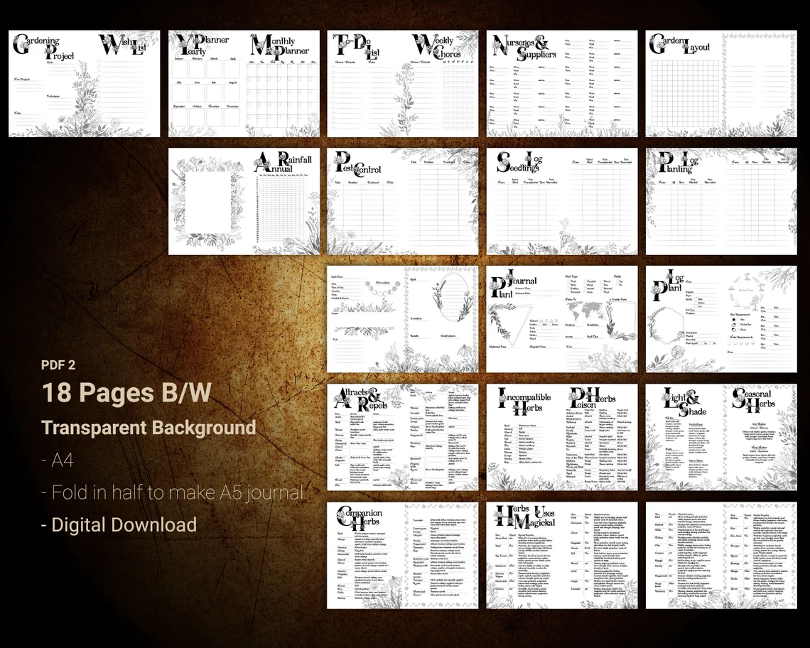 Printable black and white A5 complete garden planner
