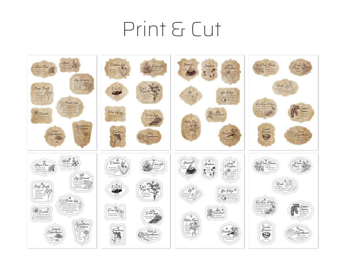 Download, print, and cut in full color or in black and white magickal jar labels