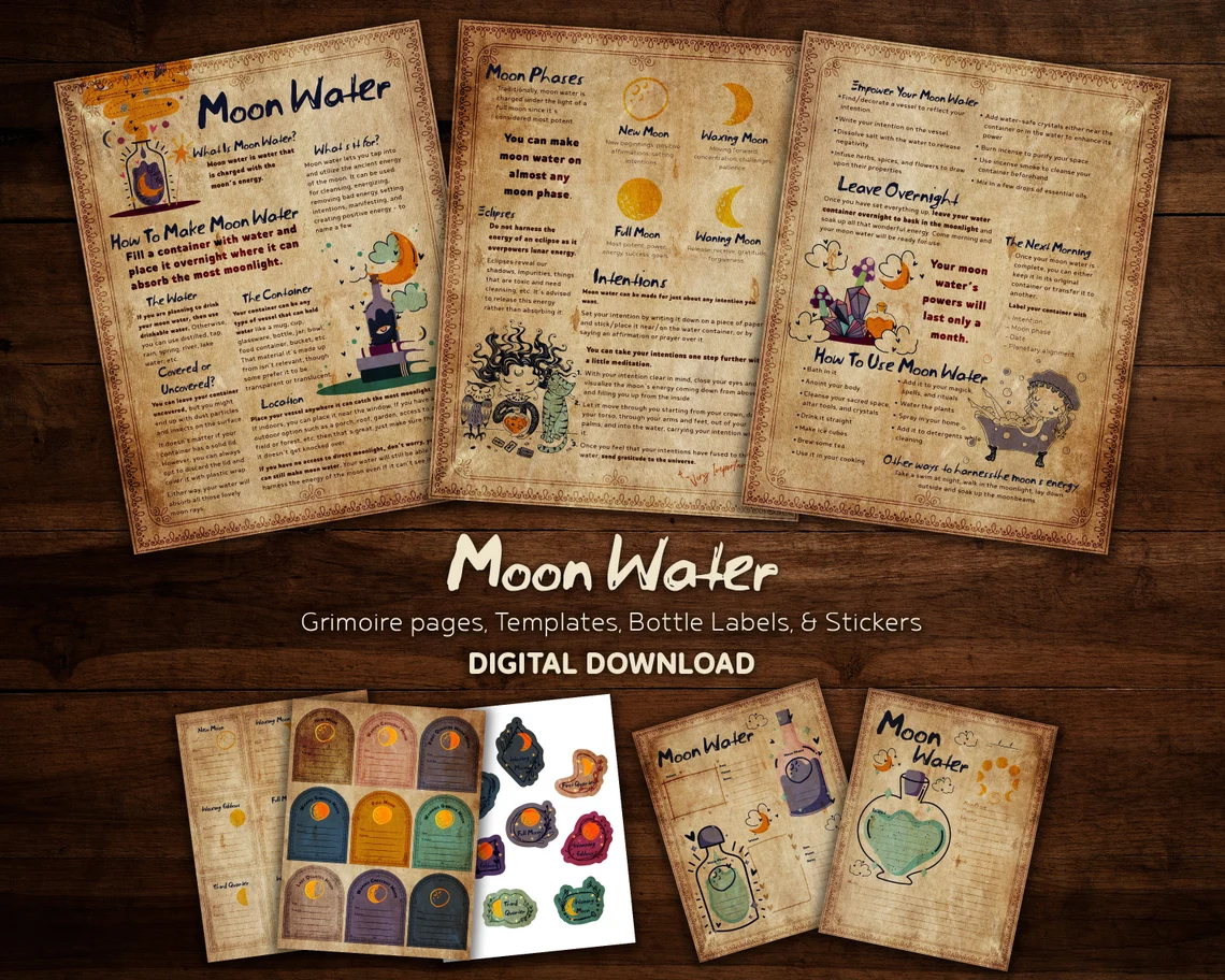 Moon Water Pack incudes printable grimoire pages for your book of shadows, moon water templates, stickers, and bottle labels