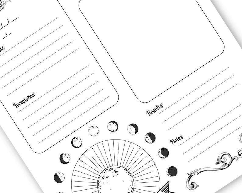 Printable black on a transparent background grimoire templates for spells, rituals and potions