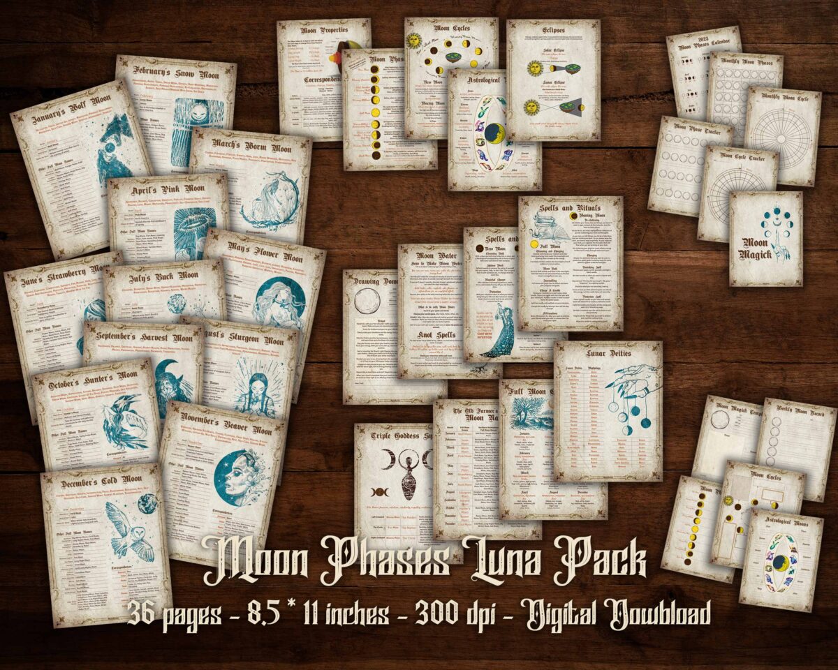Moon phases in witchcraft. Digital download Moon phases Luna pack. Magickal association, properties and correspondences of the moon.