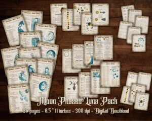 Moon phases in witchcraft. Digital download Moon phases Luna pack. Magickal association, properties and correspondences of the moon.