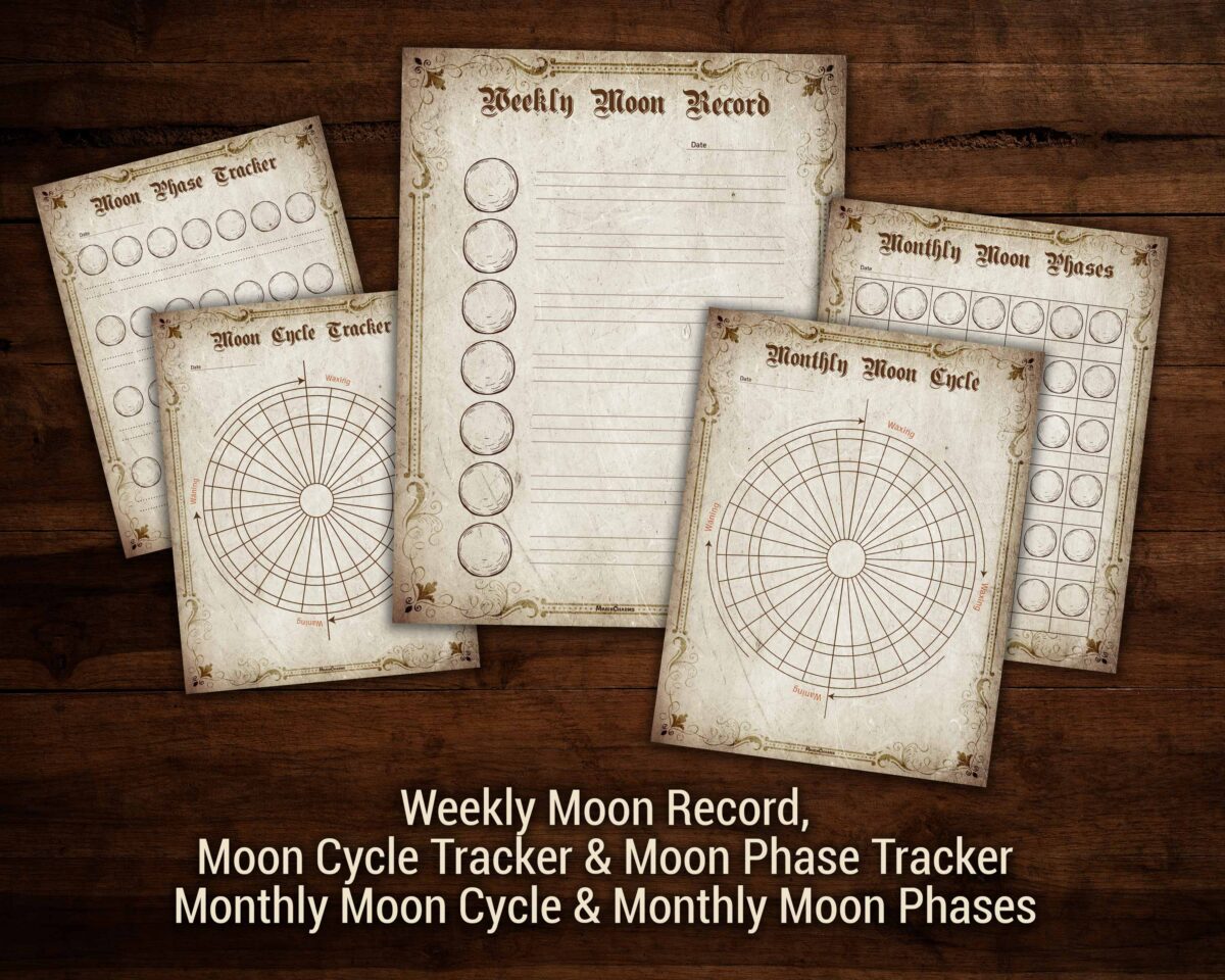 Blank weekly moon record charts, moon cycle tracker, moon phase tracker, monthly moon cycles, and monthly moon phases charts high resolution digital pdf download