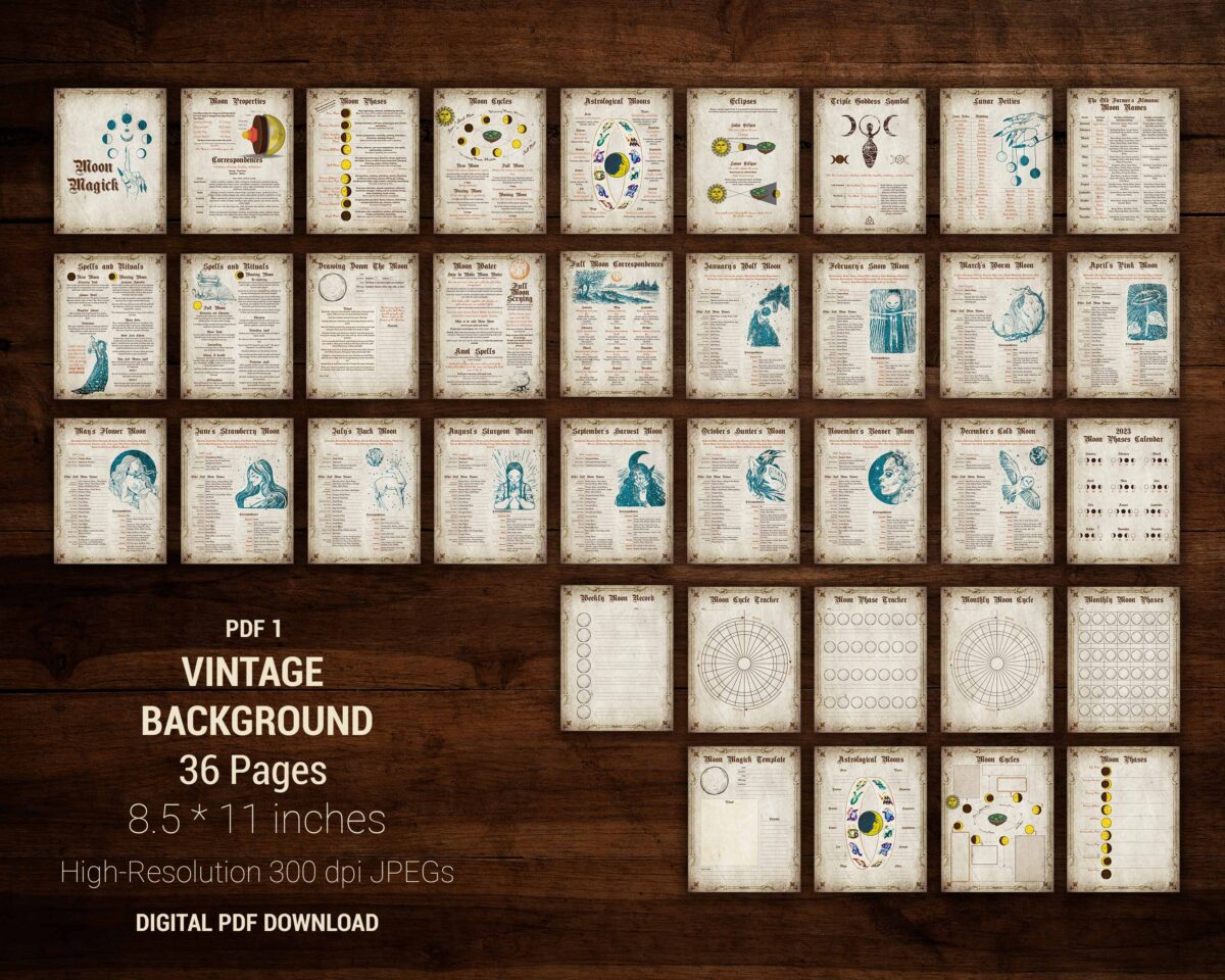 Moon Phases Properties Pack full color on a vintage background. digital download 36 pages for your book of shadows.