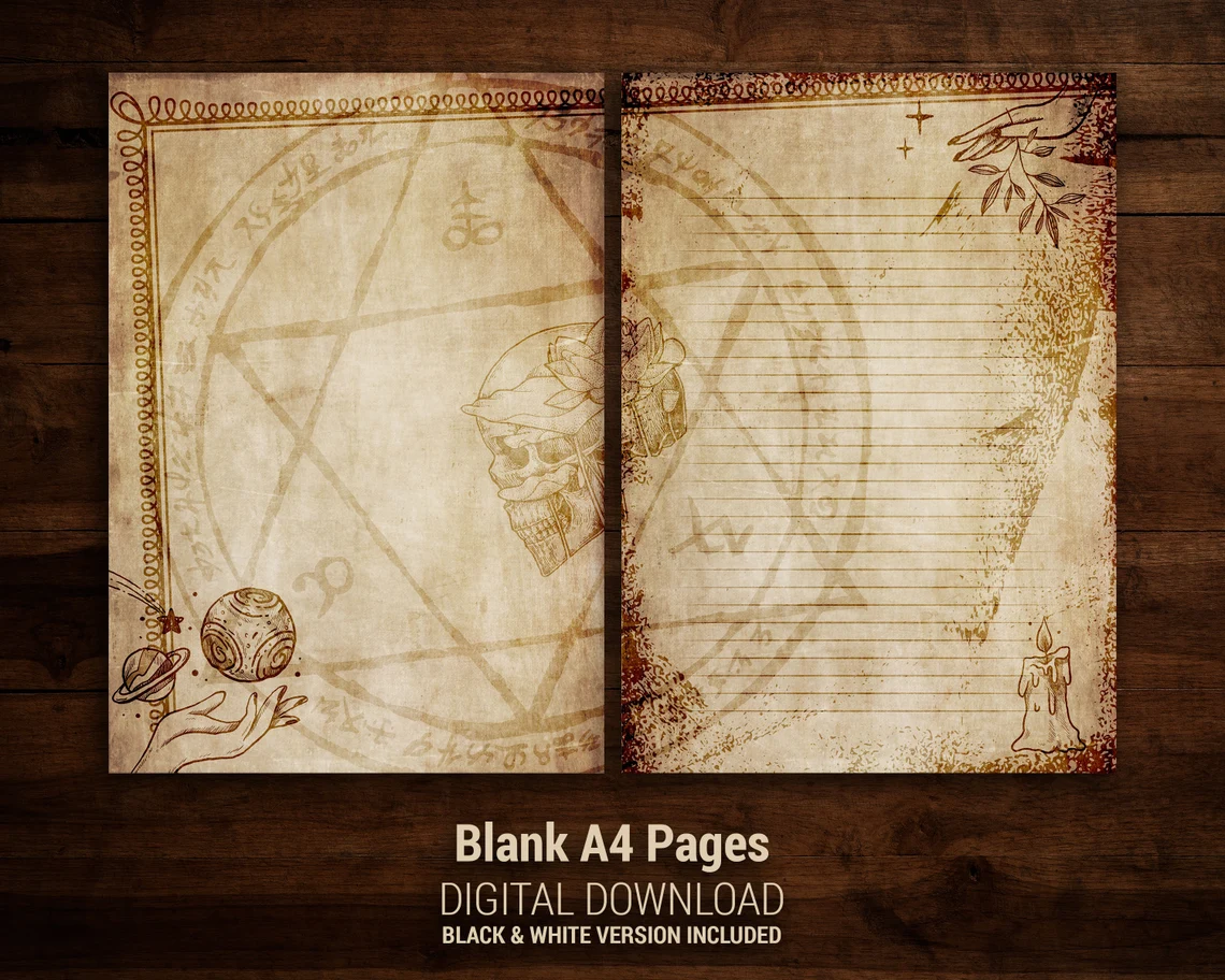 Skulls and pentagrams gothic lined digital paper