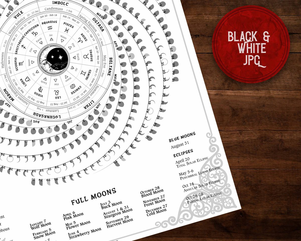 Black and white 2023 moon lunar calendar