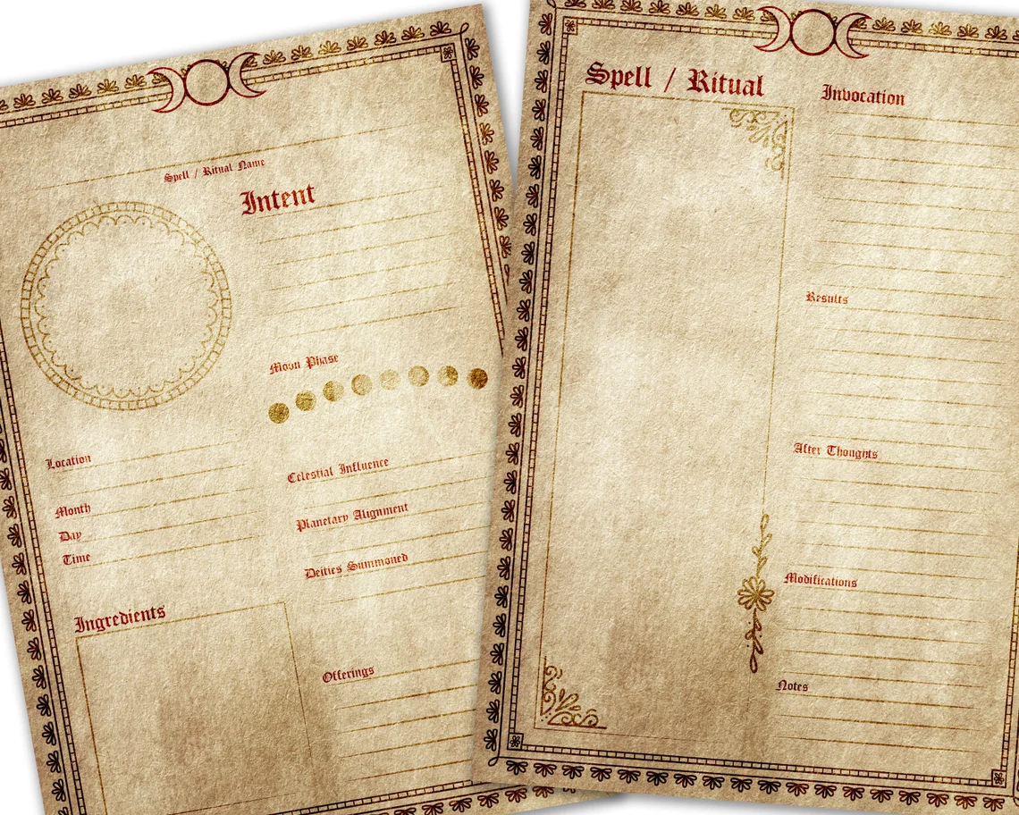 Moon magick spell and ritual template on aged paper