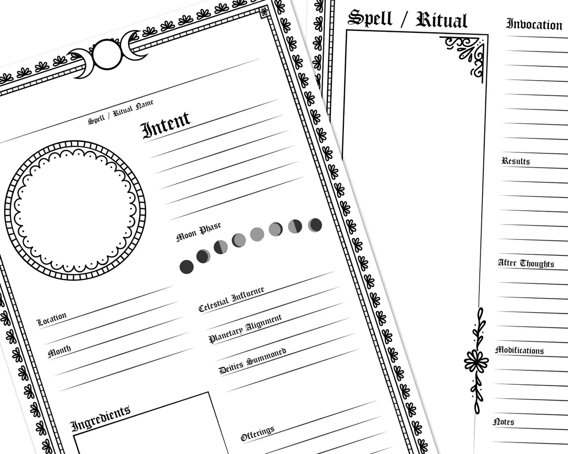 Printer-friendly Triple Moon Goddess spell template with moon phases and sigil intent
