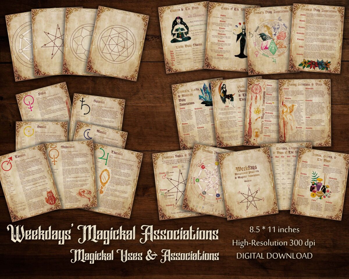 Weekdays magickal associations in witchcraft grimoire pages digital download