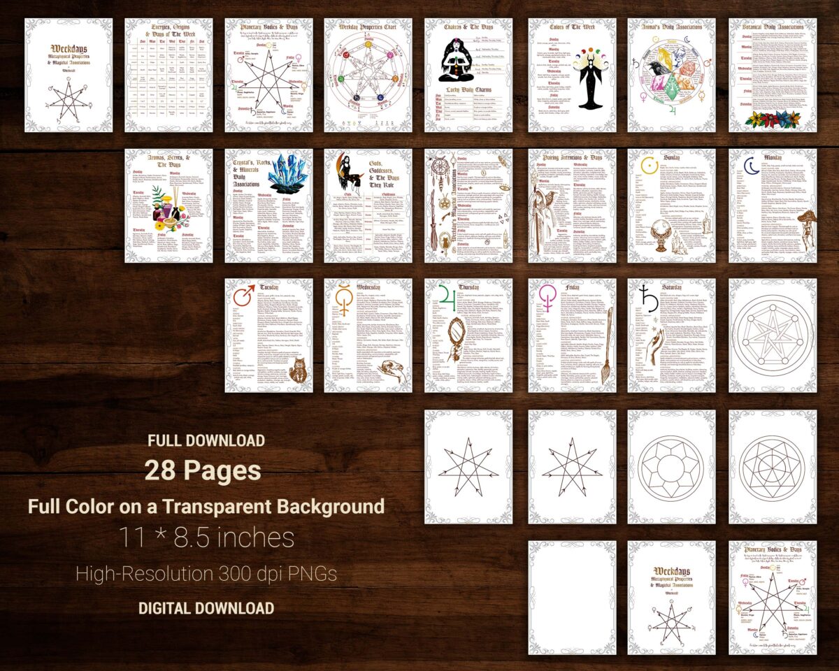 Days of the week magick properties in witchcraft digital download - full color on a transparent background