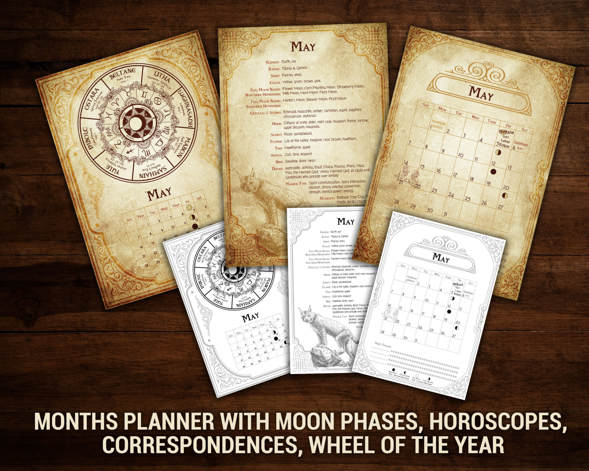 Wheel of the Year Monthly Correspondences, Moon phases, horoscopes, and monthly planner