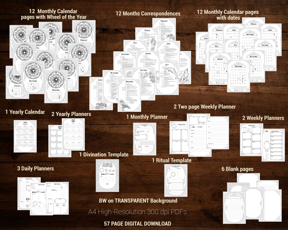 2023 Witch Planner 57 printable calendar and organizer pack in black and white