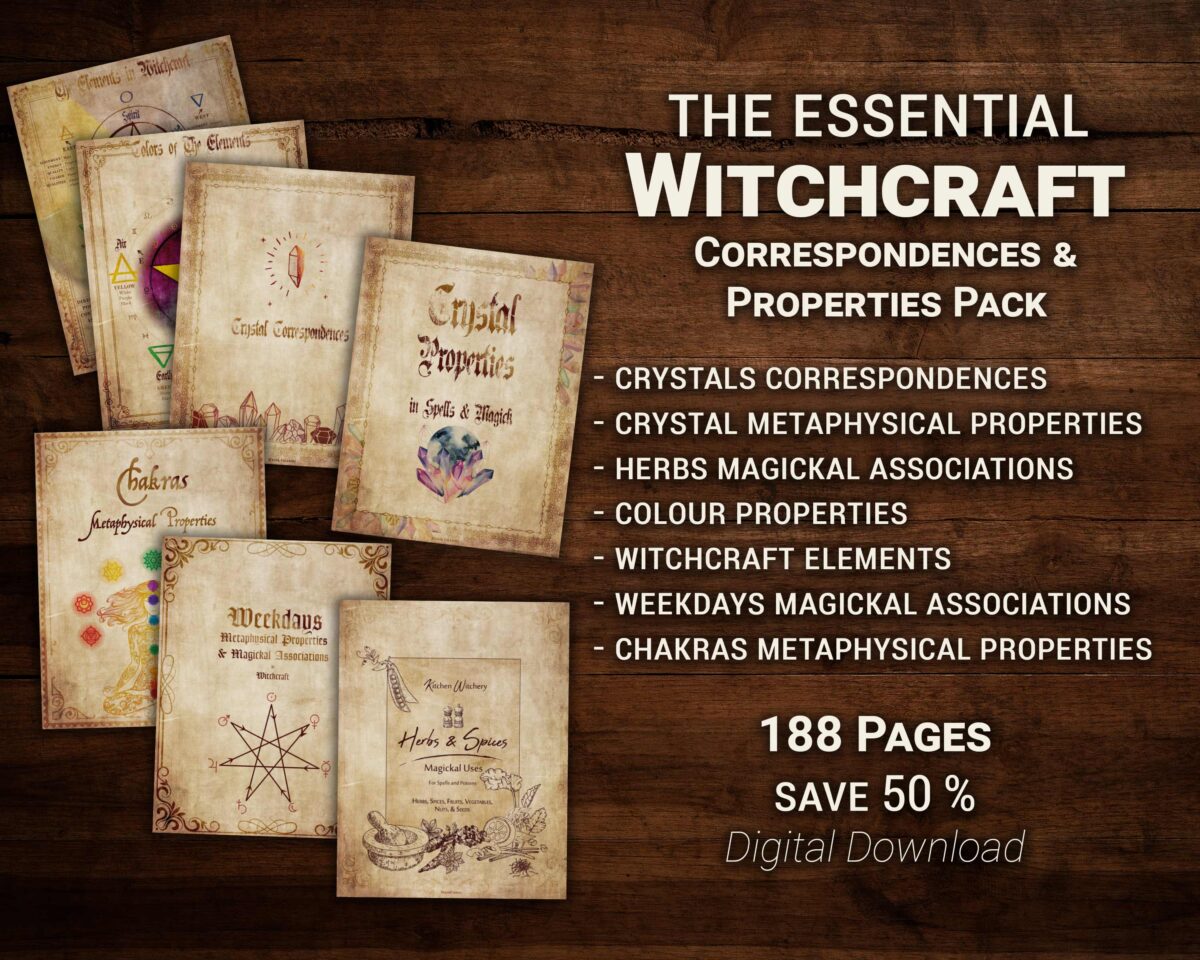 The Essential Witchcraft Correspondences and Properties Pack. 188 full color pages. 188 BW pages. Save 50 %