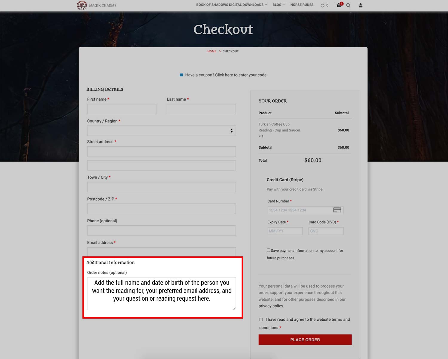 Add the full name and date of birth of the person you want the reading for, your preferred email, and your question / reading request here when checking out.